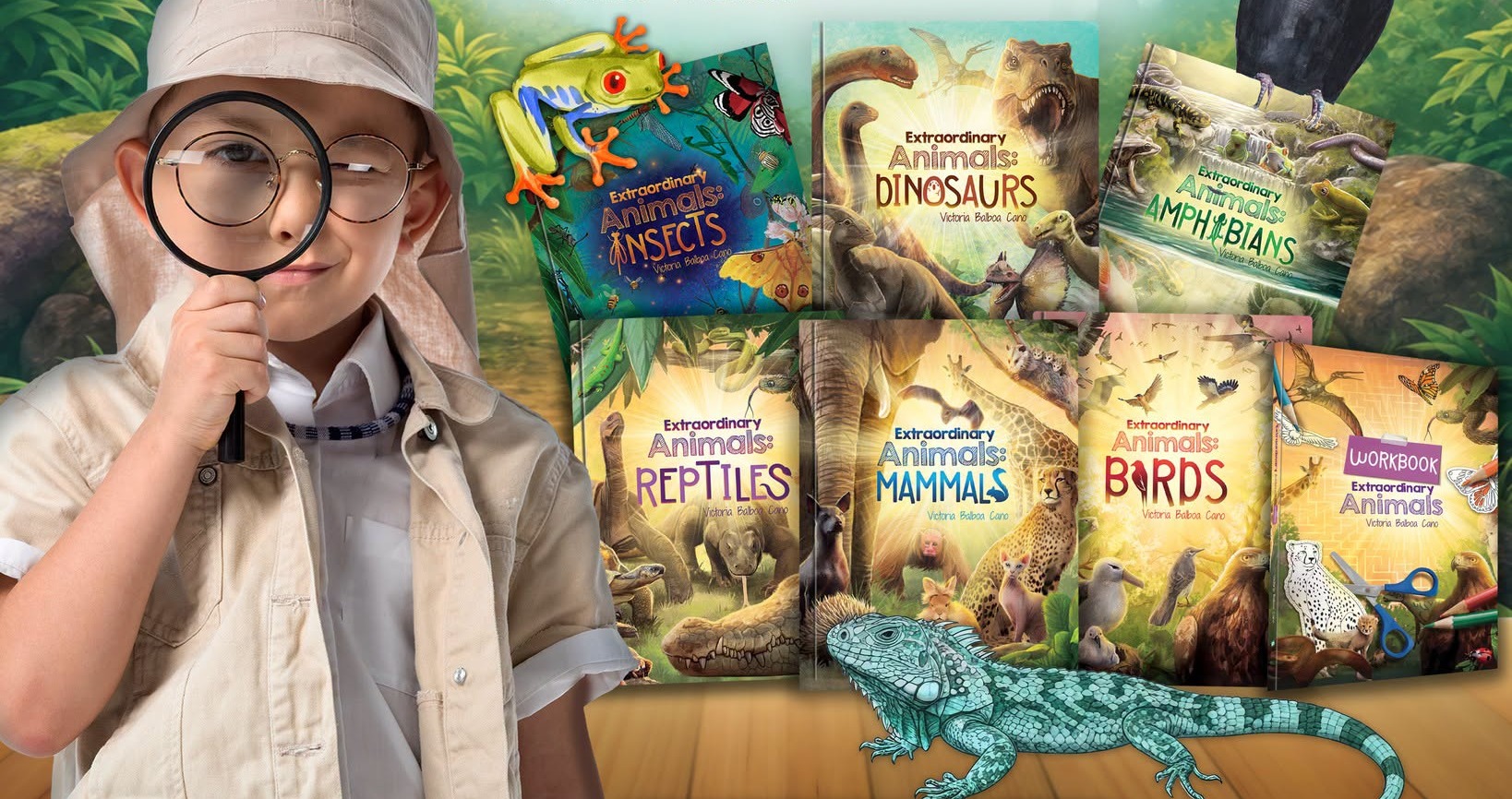 A child with a magnifying glass beside the six Extraordinary Animals books and the workbook